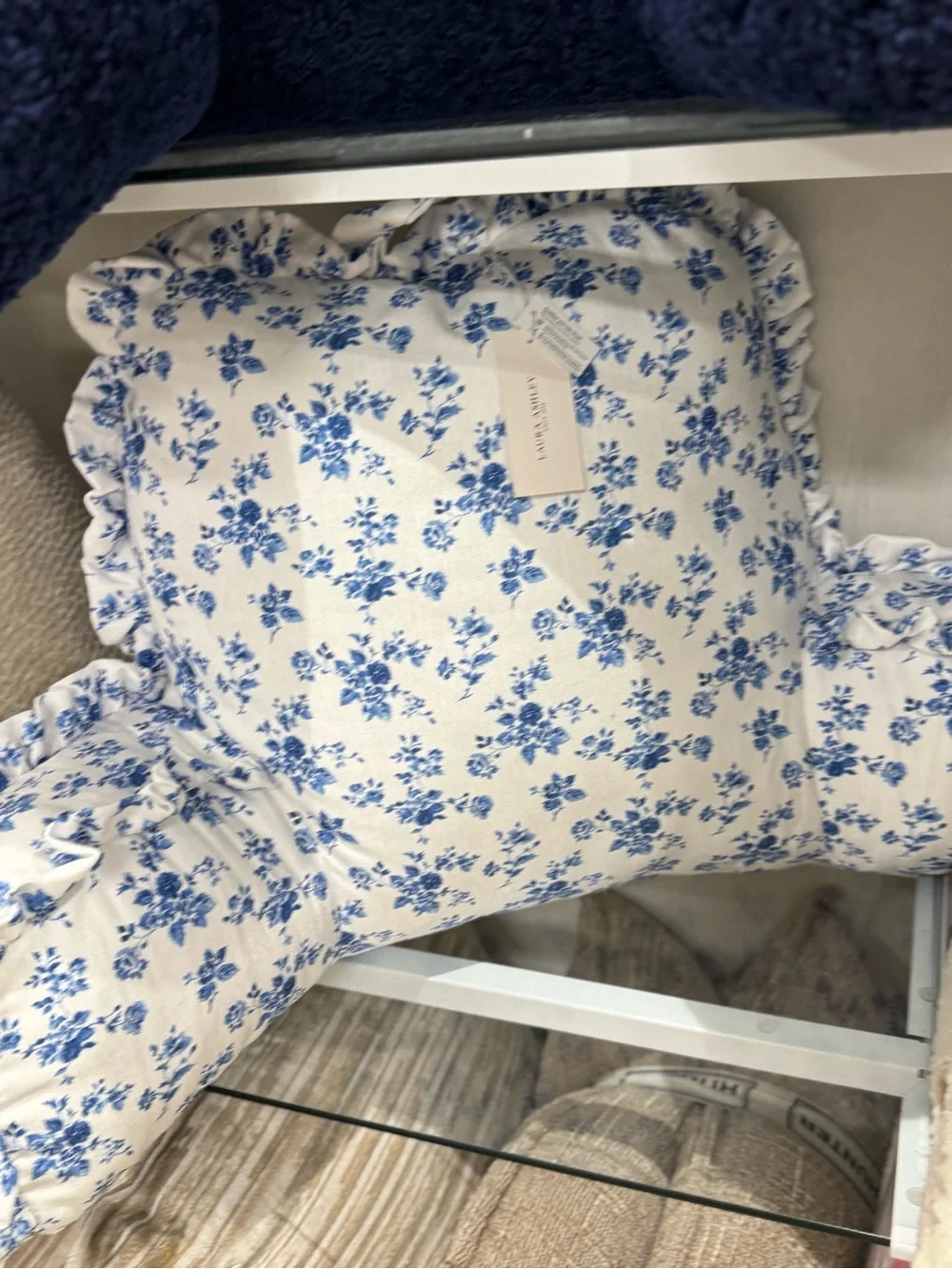 Laura Ashley Blue and White Floral Ruffle Accent Pillow
